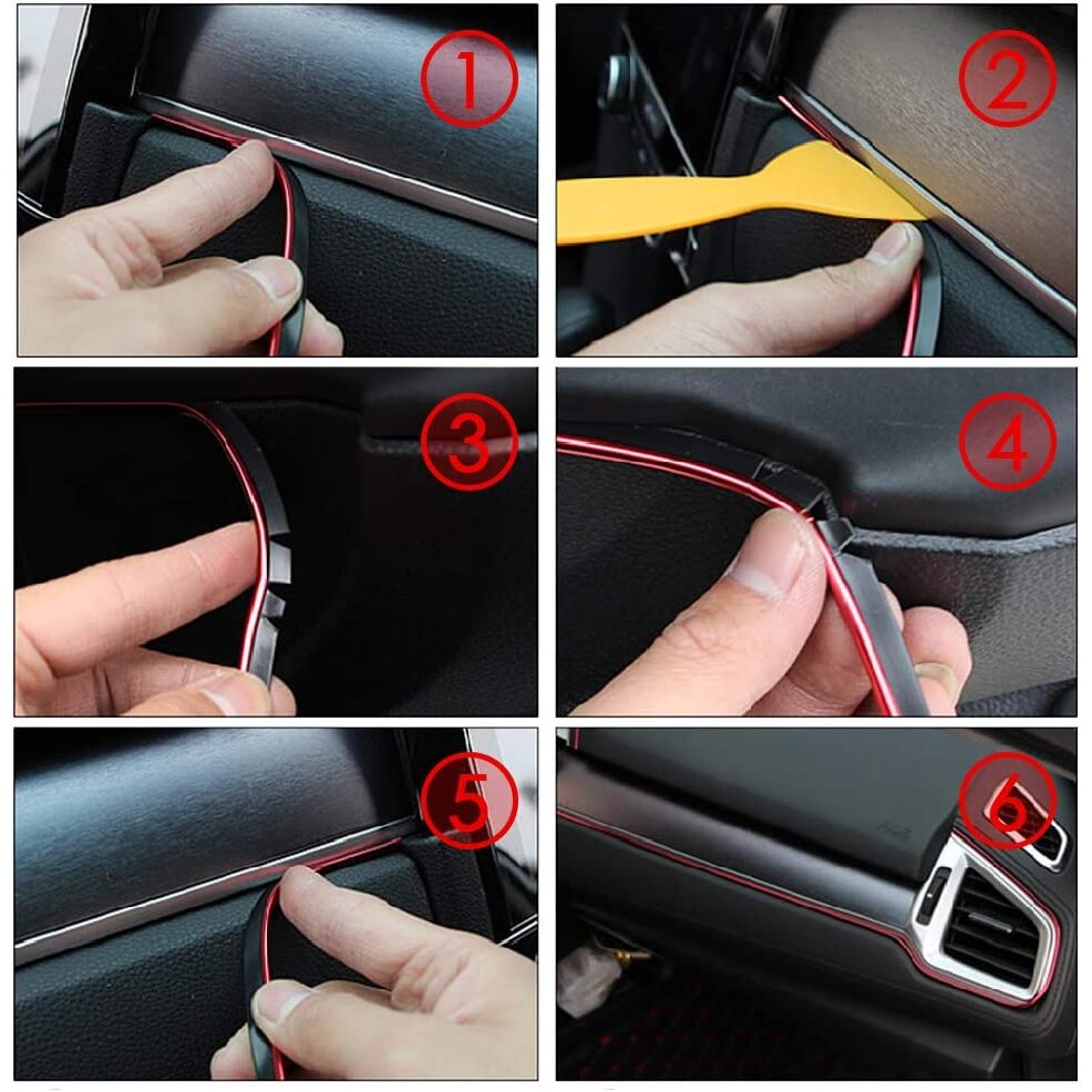 Car Interior Moulding Trim,HugeAuto Universal Decoration Pinstriping Tape 5M Carbon Fiber Red ABS 3D Strip with Tool
